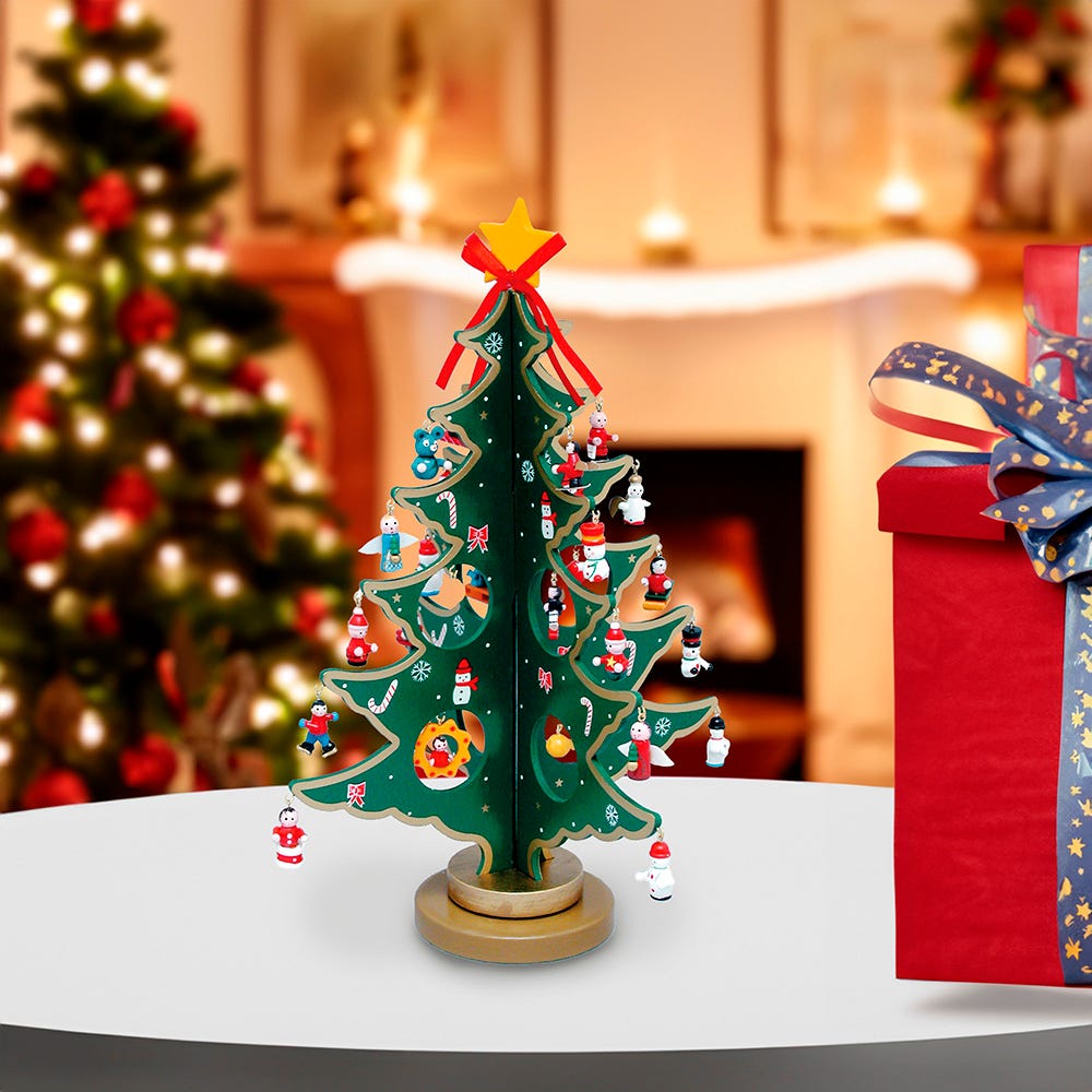 Kurt Adler 11.75-Inch Wooden Tree with Miniature Wooden Ornaments, 25 Piece Set